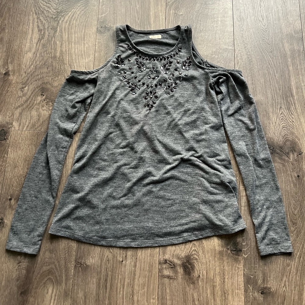 Hollister Dark Gray Embellished Cold Shoulder Top